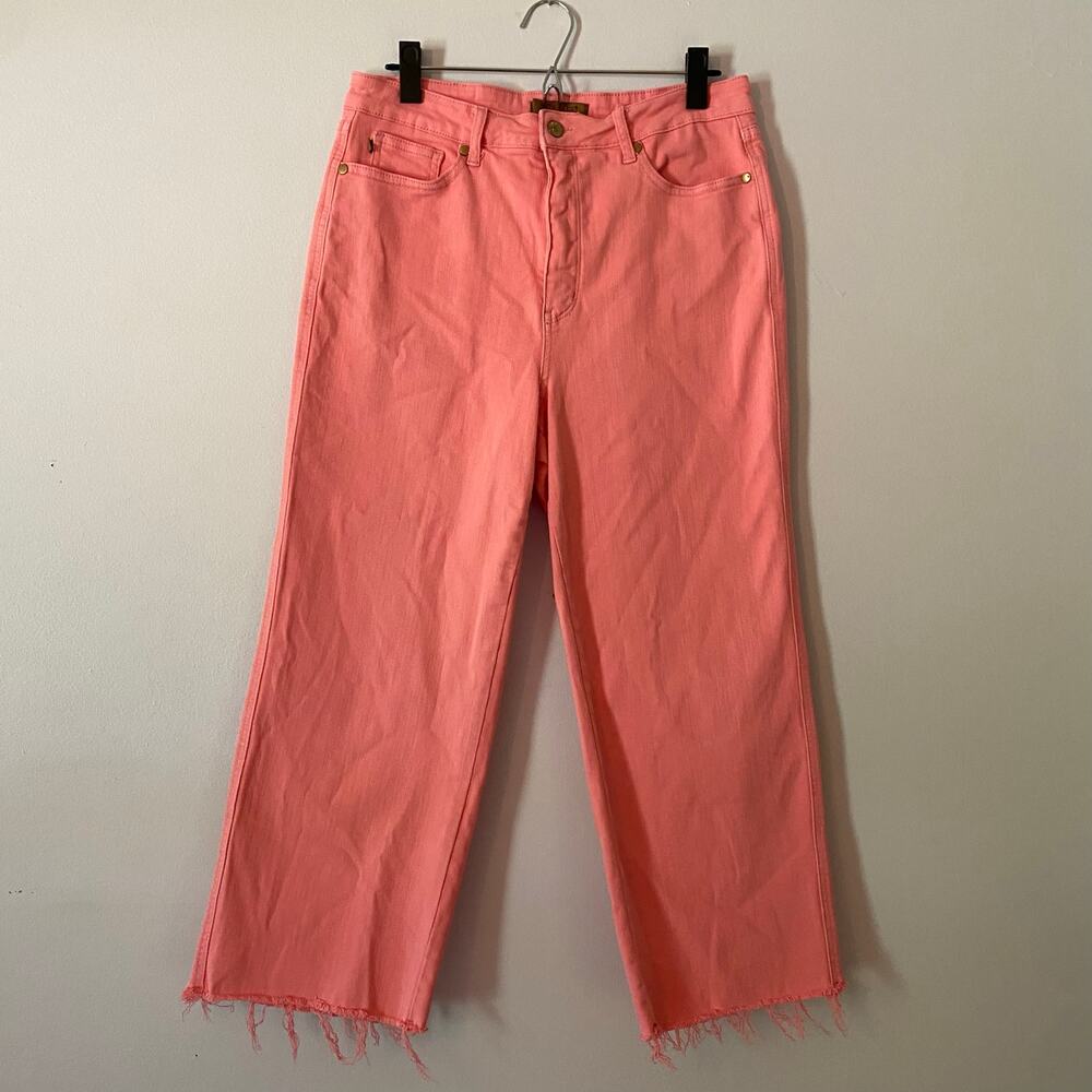 Judy Blue Hot Pink Garment Dyed Frayed Straight Leg Jeans Cropped Women 15 / 32